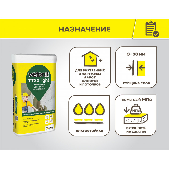 Штукатурка цементная облегченная Vetonit TT30 Light